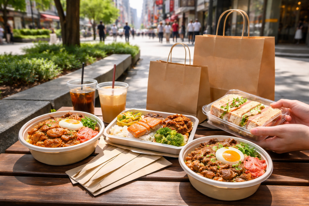 心斎橋でランチをテイクアウトして楽しむ様子