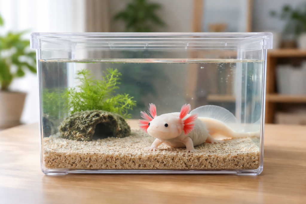 隔離用の小型水槽で静かに休むウーパールーパー