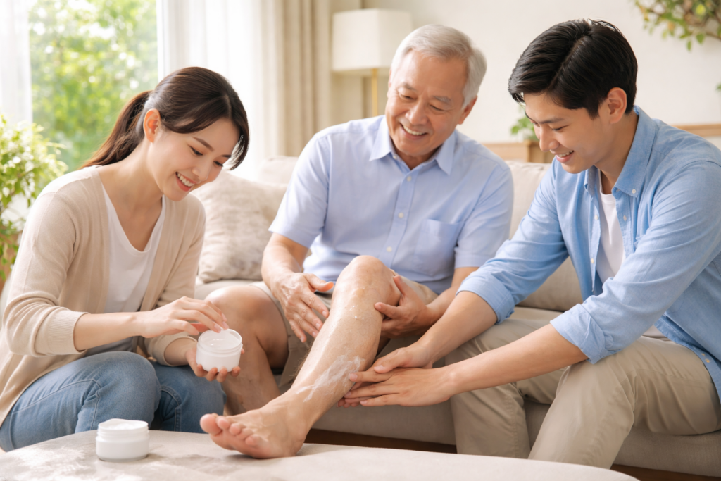 家族が高齢者の足をケアする水虫治療の様子