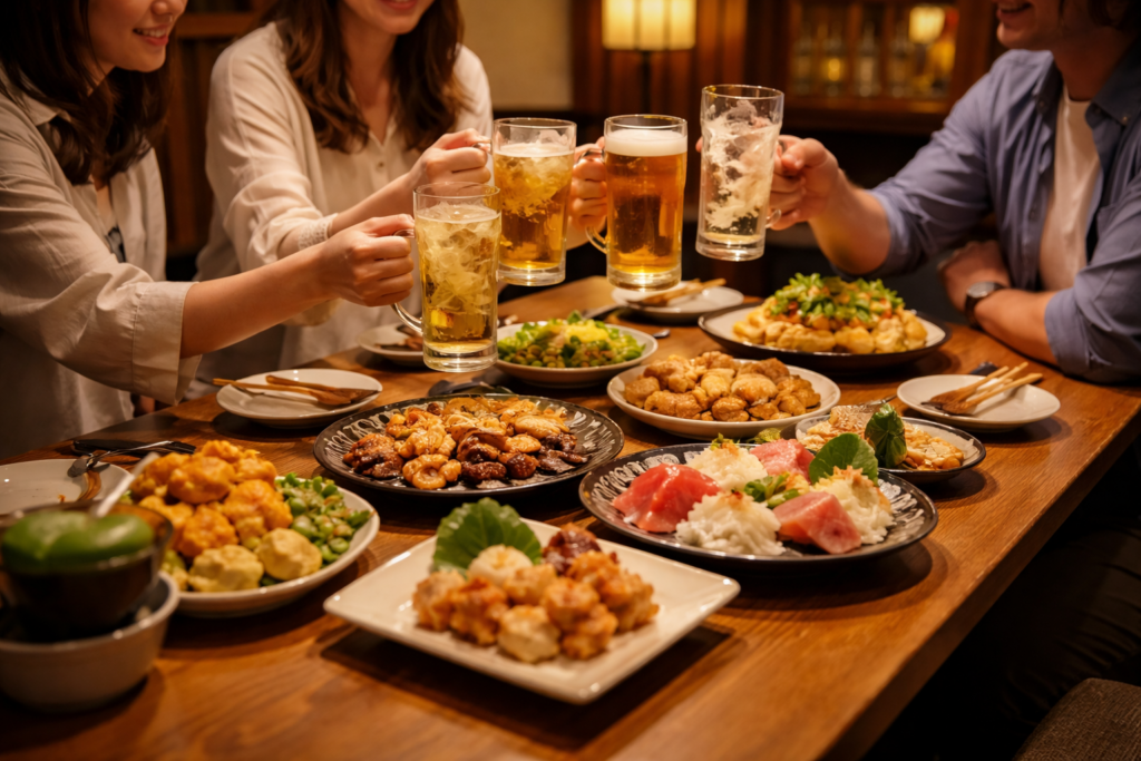 尾山台駅の居酒屋で飲み放題コースを楽しむ様子