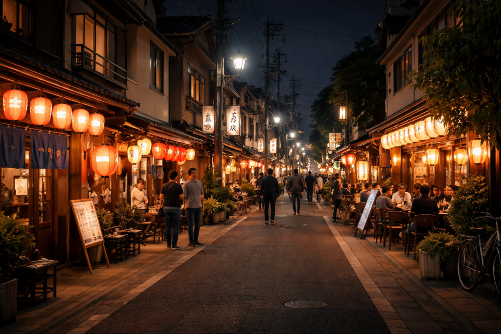 尾山台駅周辺で居酒屋をはしご酒する夜の商店街の様子