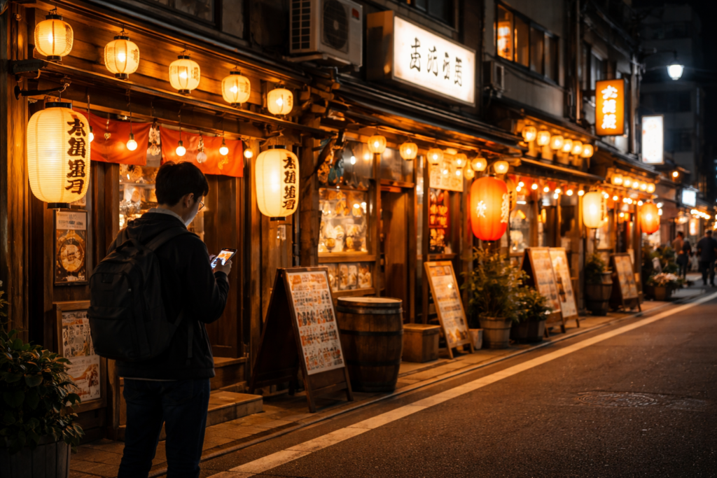 御嶽山駅周辺で居酒屋を選ぶ様子の夜景写真