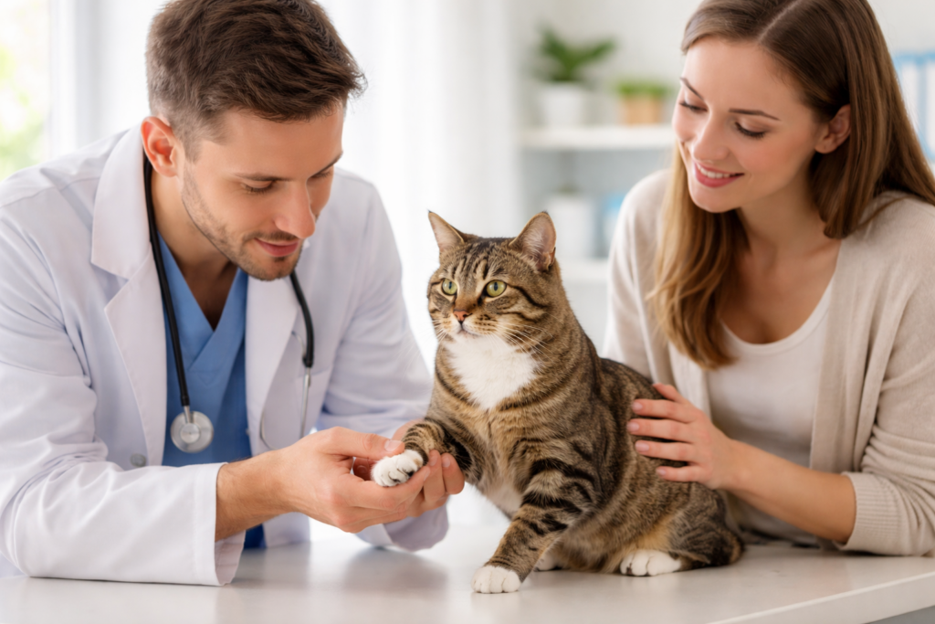 動物病院で獣医師が猫の爪を優しく確認する様子