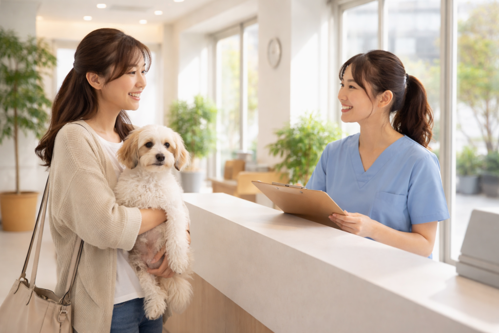 動物病院の受付で会計相談をする飼い主と犬