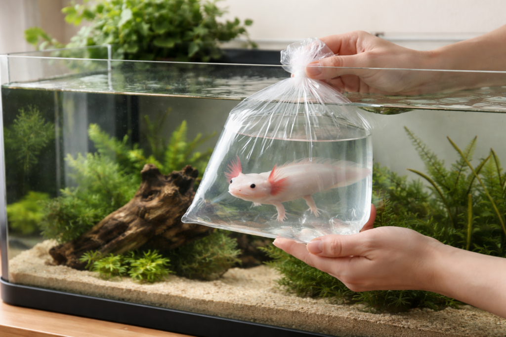 水槽に浮かべて水合わせをする導入直後のウーパールーパー