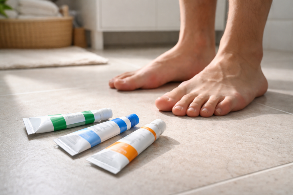 足元に市販薬が置かれた水虫ケアの様子